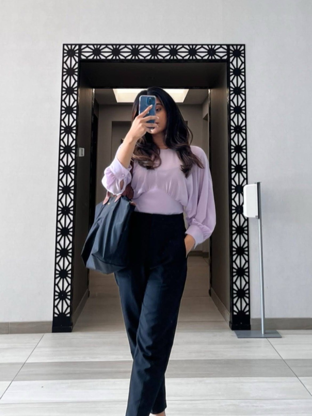 Zara Lilac Blouse with Black Tailored Trousers